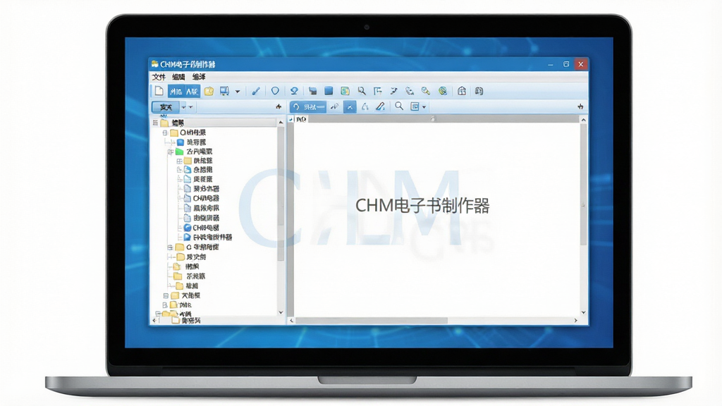 主体:一台现代笔记本电脑屏幕显示CHM电子书制作器的主界面,界面左侧是清晰的目录树,右侧是编辑区,顶部有工具栏。布局:电脑居中,屏幕内容放大展示,四周留白。排版:界面元素整齐,菜单栏、按钮排列有序。风格:扁平化设计,色彩以蓝白为主,科技感。细节:屏幕中隐约可见“CHM电子书制作器”标题文字,窗口有“文件”“编辑”“编译”等菜单。画质:高清,干净,无多余元素。