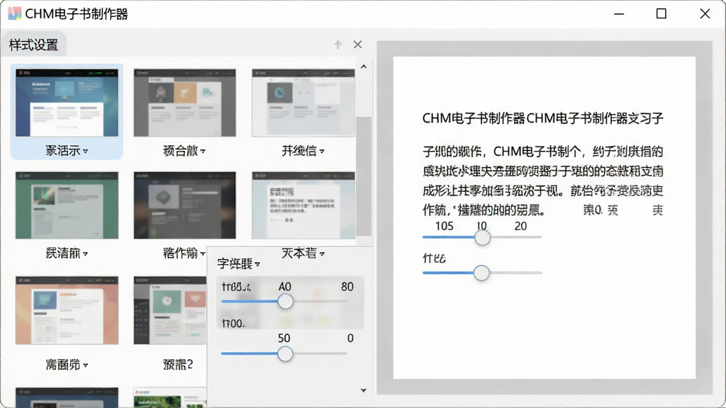 主体:显示CHM电子书制作器“样式设置”窗口,包含多款皮肤缩略图和字体调节滑块。布局:窗口左侧为皮肤列表,右侧为预览区域。排版:皮肤缩略图整齐排列,每个缩略图下方有名称。风格:清新简洁,色彩柔和。细节:预览区域显示一段示例文字,字体清晰,滑块上有数值标识。画质:细腻,干净,无多余元素。
