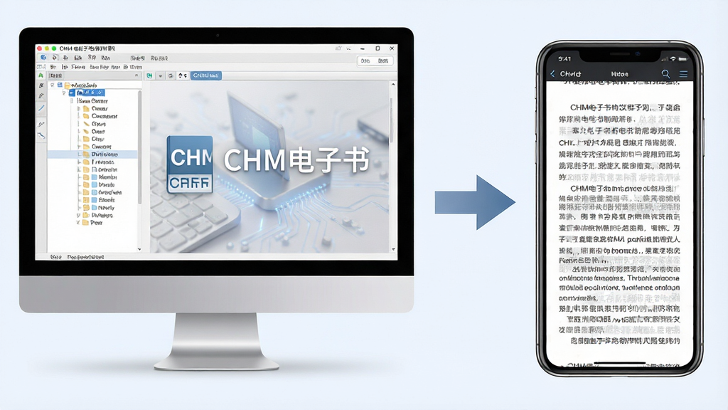 主体:一部智能手机和一台电脑并排摆放,屏幕上都显示CHM电子书阅读界面。布局:左侧电脑,右侧手机,中间有箭头连接。排版:画面平衡,电脑屏幕清晰显示目录树,手机屏幕显示阅读页面。风格:现代科技感,浅色背景。细节:电脑上运行CHM电子书制作器,手机上是阅读器APP,界面有“CHM电子书”字样。画质:高清,干净,无多余元素。