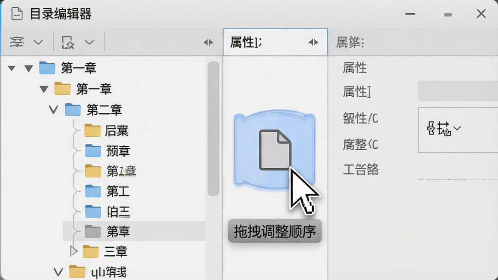 主体:软件界面中“目录编辑器”面板特写,展示多层级目录树和拖拽操作的光标。布局:左侧目录树,右侧属性设置区,中间为拖拽中的文件图标。排版:树状结构清晰,节点有文件夹和文件图标区分。风格:简约商务风,浅灰色背景。细节:目录节点文字显示“第一章”“第二章”等,光标变为拖拽状态,下方有提示“拖拽调整顺序”。画质:高清晰度,干净,无多余元素。