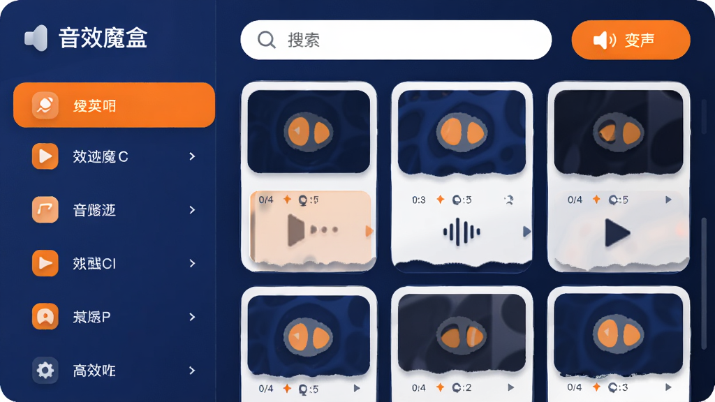 音效魔盒主界面展示,左侧为分类列表,右侧为音效卡片网格,顶部有搜索框和变声按钮。布局清晰,现代扁平化风格,主色调为深蓝与亮橙,图标简洁圆润,界面干净无多余元素,1080P高清画质