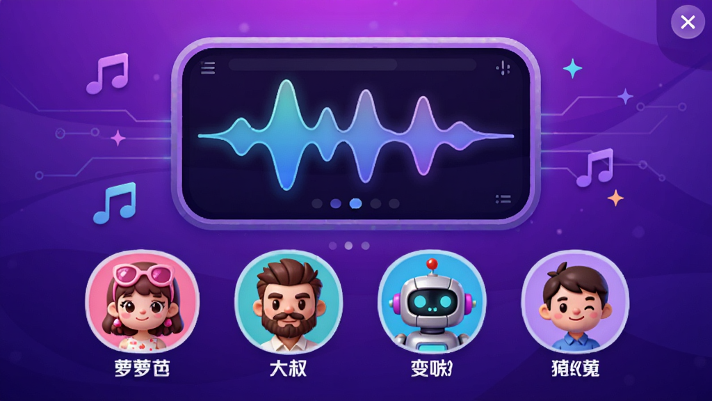 音效魔盒变声功能界面,中央有一个波形显示屏,下方排列多个卡通头像代表不同变声预设,如萝莉、大叔、机器人,每个头像下方有名称标签。整体色调活泼,背景为渐变紫色,界面具有科技感,画质细腻