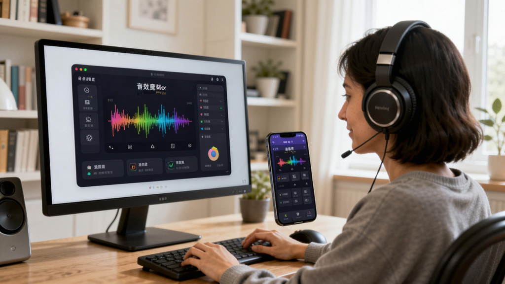 音效魔盒使用场景示意图,一个用户戴着耳机坐在电脑前,屏幕上有音效魔盒界面,旁边手机也显示软件界面,表明多设备协同,背景为明亮的书房,风格写实,画质清晰