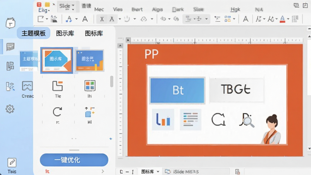 高清展示iSlide软件主界面,左侧为功能面板,右侧为PPT编辑区域,整体风格简洁明亮,背景为淡蓝色渐变,界面中包含“主题模板”、“图示库”、“图标库”等选项卡,下方有“一键优化”按钮,画质清晰,干净无多余元素。