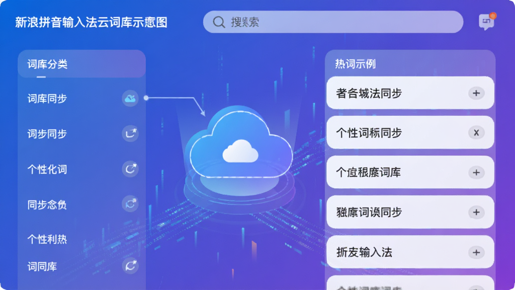 主体:新浪拼音输入法云词库功能示意图,显示云端同步图标和个性化词库列表;布局:左侧为词库分类,右侧为热词示例,顶部为搜索栏;风格:科技感插画,蓝紫渐变色调;细节:词库条目带有“同步”小图标,背景有浮动的数据流线条;画质:高细节,干净,无多余元素。