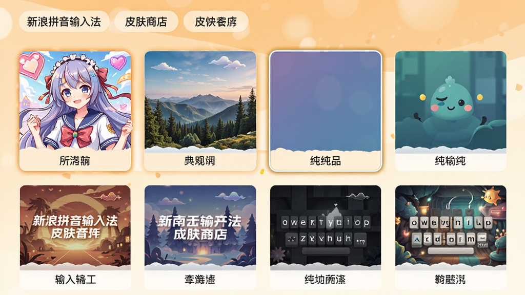 主体:新浪拼音输入法皮肤商店页面,展示多款皮肤缩略图;布局:网格排列,每款皮肤下方标注名称,顶部为分类标签;风格:清新时尚,暖色调背景;细节:皮肤缩略图各有特色,有动漫、风景、纯色等,选中皮肤有高亮边框;画质:高清,干净,无多余元素。