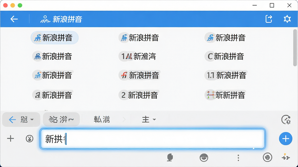 主体:新浪拼音输入法软件主界面,展示简洁的输入框和候选词条,布局清晰;排版:界面居中,输入框在下方,上方为候选词列表,整体留白舒适;风格:扁平化设计,现代感强,色彩以蓝白为主,干净明亮;细节:候选词条字体清晰,带有“新浪拼音”Logo,输入框有微光边框;画质:高清,干净,无多余元素。