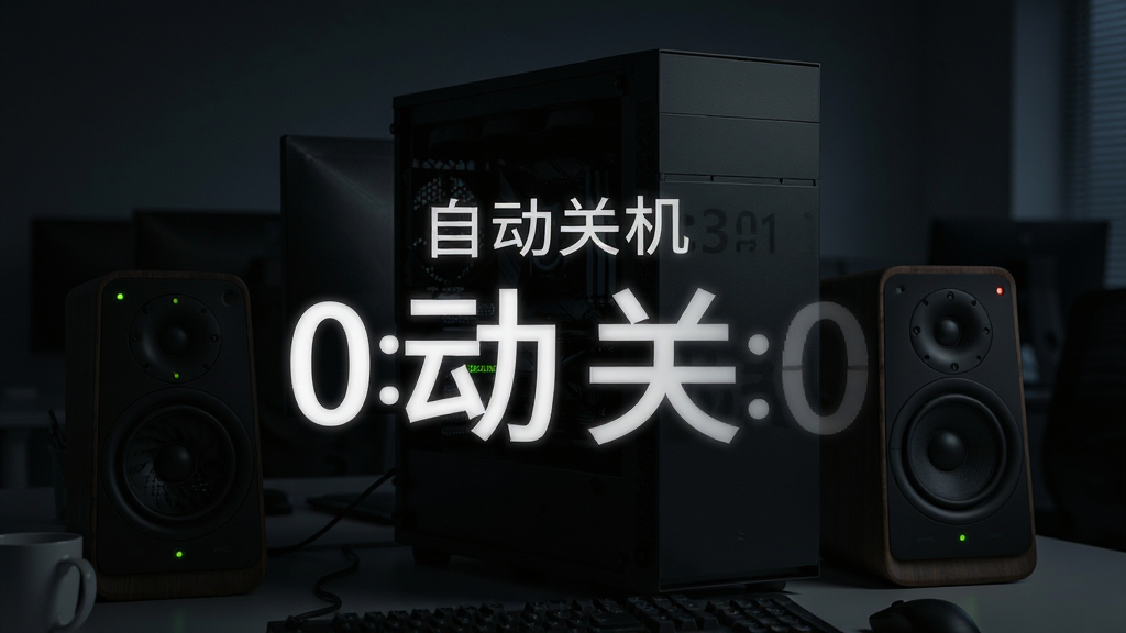 主体:电脑主机与音箱,屏幕显示“自动关机”倒计时,布局:设备居中,背景为暗色办公室,排版:倒计时数字醒目,风格:写实摄影,细节:电源指示灯亮起,画质:高清,干净,无多余元素