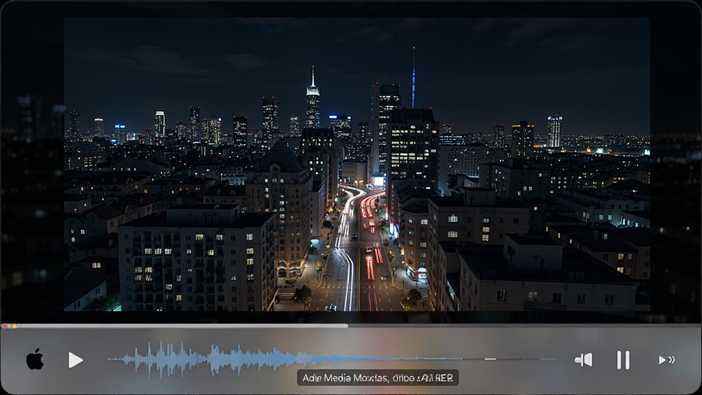 苹果新锐(Apple Media Player)播放4K超清视频画面,主体为高清测试样片中的城市夜景,画面细腻通透,播放器底部显示音频波形和字幕轨道,界面采用毛玻璃半透明效果,布局干净,风格现代简约,细节丰富,画质清晰无多余元素