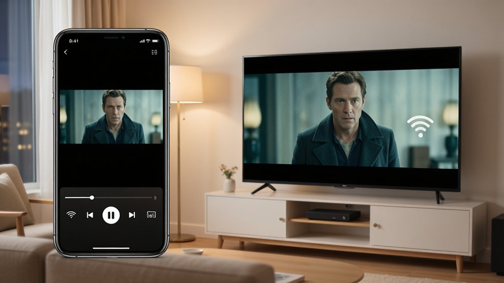 苹果新锐(Apple Media Player)投屏功能示意图,主体为手机界面与智能电视画面同步播放电影,客厅场景,电视屏幕显示电影画面,手机界面显示播放控制条,布局清晰,风格温馨现代,细节包括Wi-Fi图标和投屏标识,画质干净无多余元素