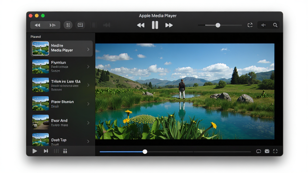 苹果新锐(Apple Media Player)界面预览图,主体为深色播放器窗口,正在播放一部高清自然纪录片,画面色彩鲜艳,布局简洁清晰,顶部有播放控制栏,左侧为媒体库列表,右侧为视频画面,风格现代科技感,细节精致,画质干净无多余元素