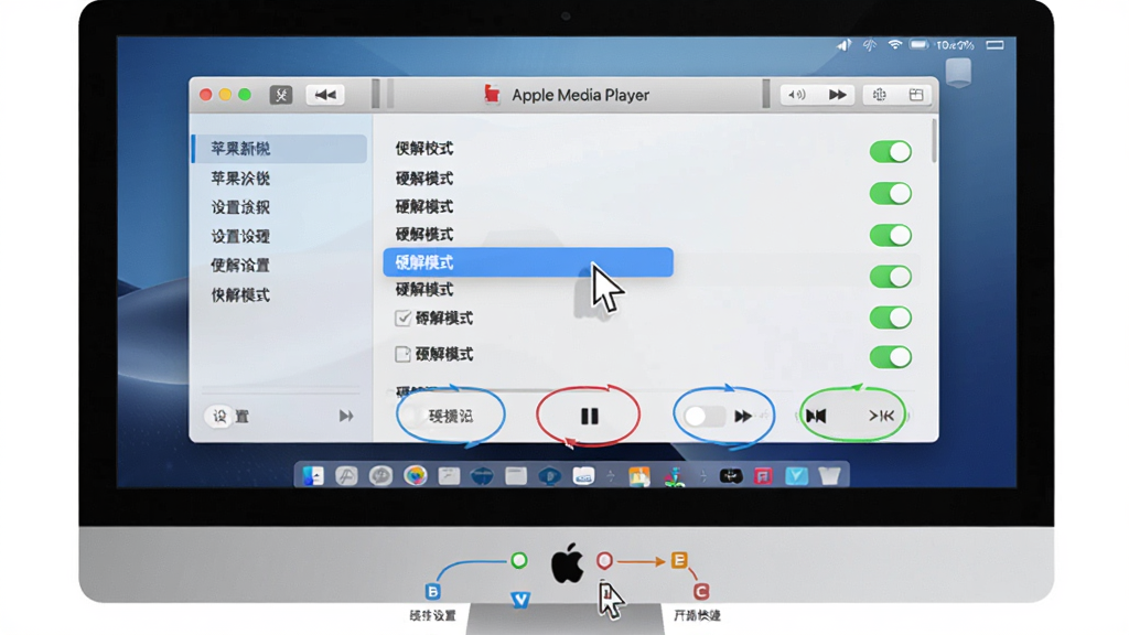 苹果新锐(Apple Media Player)使用指南示意图,主体为电脑屏幕显示播放器设置界面,鼠标指针悬停在“硬解模式”选项上,屏幕下方有键盘快捷键标注,布局清晰,风格简洁,细节包括设置菜单和功能开关,画质干净无多余元素