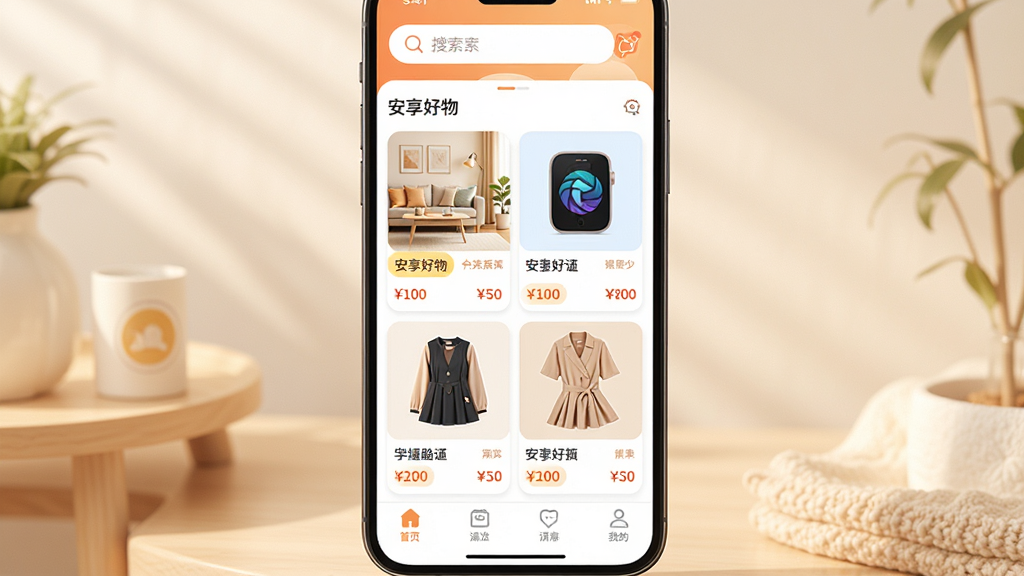 ���壺�����ֻ���Ļչʾ��������APP�����棬�Ϸ����������͡���������������в�����Ʒ�ٲ����������Ҿӡ����롢���εȷ���ͼƬ���·��еײ������������֣��ֻ����У�����Ԫ����������Ʒ��Ƭ�������С��Ű棺����ִ�����Ϣ�㼶�����������������������ůɫ�����������ʹ����Χ��ϸ�ڣ���ƷͼƬ���£��۸��ǩ��Ŀ������ͼ��Բ�󡣻��ʣ�������Ⱦ���ɾ��޶���Ԫ�ء�