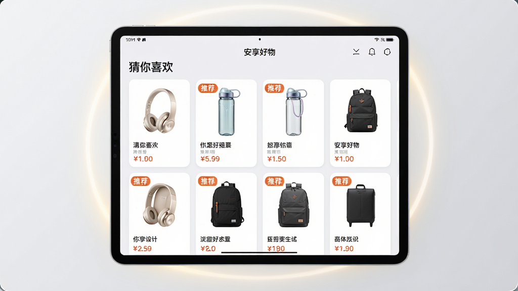 ���壺һ̨ƽ�����չʾ��������APP���Ƽ�ҳ�棬ҳ�涥����ʾ������ϲ�����͡���������������·��Ǽ�����Ʒ��Ƭ��ÿ�ſ�Ƭ������Ʒͼ�����ƺͼ۸񡣲��֣�ƽ����У�ҳ������ռ����Ҫ���棬��Χ����͹�Ч���Ű棺��Ƭʽ���֣��������򡣷�񣺿Ƽ���������н�ϣ�����ǳ�ң���Ƭ��ɫԲ�ǡ�ϸ�ڣ��Ƽ���Ʒ����������ж�����ˮ���������ȣ����������ʾ�Ƽ���ǩ�����ʣ��߷ֱ��ʣ��ɾ����ࡣ