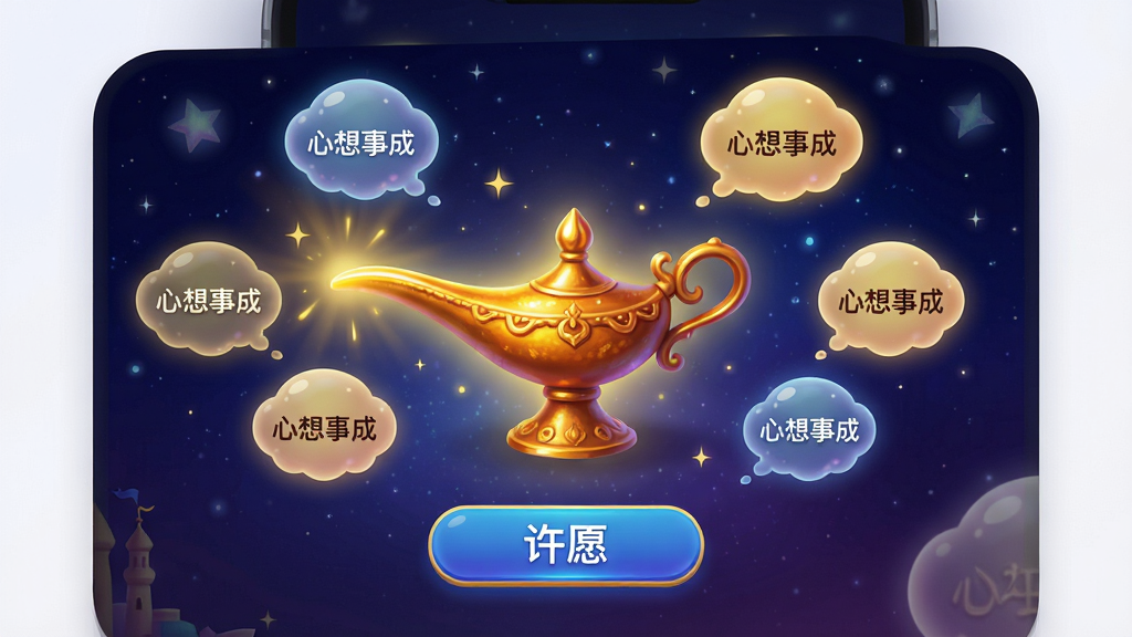 主体:阿拉丁许愿应用主界面,展示神灯图标与星空背景;布局:界面中央为闪烁的神灯,周围悬浮心愿气泡;排版:简洁的卡片式布局,下方有“许愿”按钮;风格:奇幻童话风格,色彩浓郁,光影梦幻;细节:神灯冒出金色光芒,气泡内显示“心想事成”字样;画质:高清渲染,干净,无多余元素。