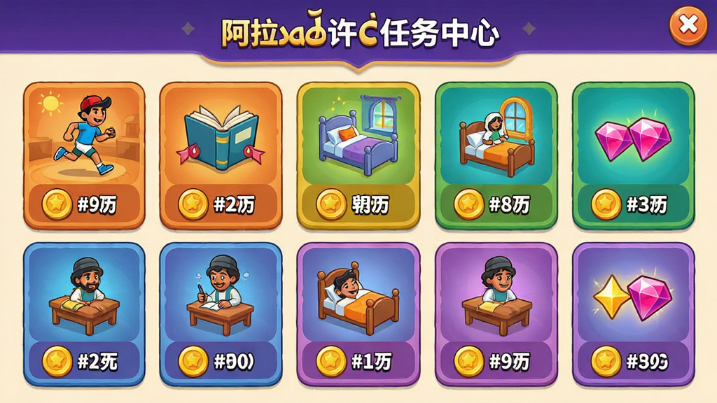 主体:阿拉丁许愿任务中心界面,展示任务卡片和奖励;布局:网格状卡片排列,每张卡片有任务图标和奖励数量;排版:卡片式布局,色彩鲜艳,区分不同类别;风格:卡通插画风格,明快活泼;细节:任务图标包括跑步、读书、早起等,奖励为金币和宝石;画质:高分辨率,干净,无多余元素。