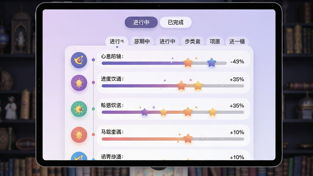 主体:阿拉丁许愿心愿列表页面,展示进度条和分类标签;布局:列表式排列,每项心愿左侧有彩色图标;排版:清晰的时间线与进度百分比;风格:现代简约与童话元素结合,背景为淡紫色渐变;细节:进度条带有星星装饰,顶部有“进行中”“已完成”筛选标签;画质:细腻柔和,干净,无多余元素。