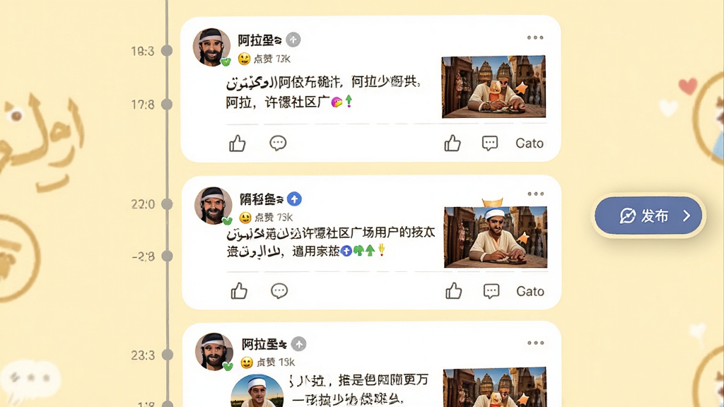 主体:阿拉丁许愿社区广场,展示用户动态和互动按钮;布局:信息流式排列,每条动态包含头像、昵称、内容和互动区;排版:时间线式滚动,右侧有悬浮“发布”按钮;风格:社交软件风格,背景为浅黄色,温馨感;细节:动态内容配有图片或表情,点赞和评论图标清晰;画质:清晰,干净,无多余元素。