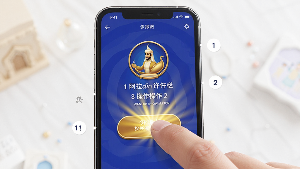 主体:手机屏幕显示阿拉丁许愿应用操作界面,手指点击许愿按钮;布局:手机居中,屏幕内容清晰可见;排版:示意步骤,用数字标注;风格:写实风格,光线明亮;细节:手指触碰屏幕,界面出现金色光芒;画质:高清,干净,无多余元素。