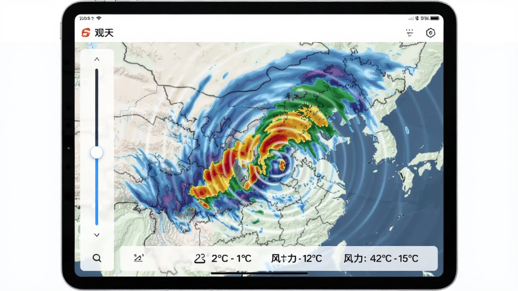 平板设备展示“观天”APP的气象雷达图,彩色云图覆盖地图,左侧有数据滑块,底部显示温度与风力,主体居中,布局专业,风格简洁现代,细节有动态波纹效果,画质清晰,无多余物体。