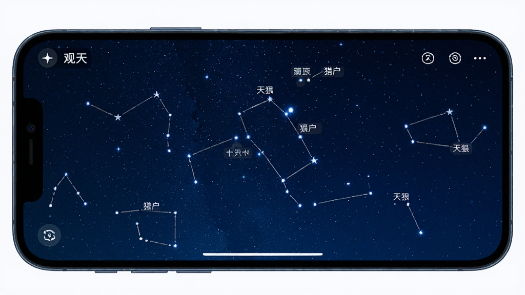 手机横屏对准夜空,屏幕上叠加显示“观天”APP的星座标注,包括猎户座、天狼星等名称,背景为深蓝星空,布局以屏幕为中心,排版清晰,风格写实科技,细节有星点与文字标签,画质细腻,干净无杂乱元素。