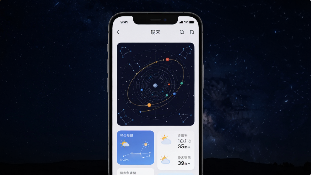 画面以深邃夜空为背景,主体为手机屏幕展示的“观天”App界面,界面中有星空图、行星轨迹线、气象数据卡片,整体布局居中,科技感扁平化设计,细节包含星座连线与天气图标,画质高清,干净无多余元素。