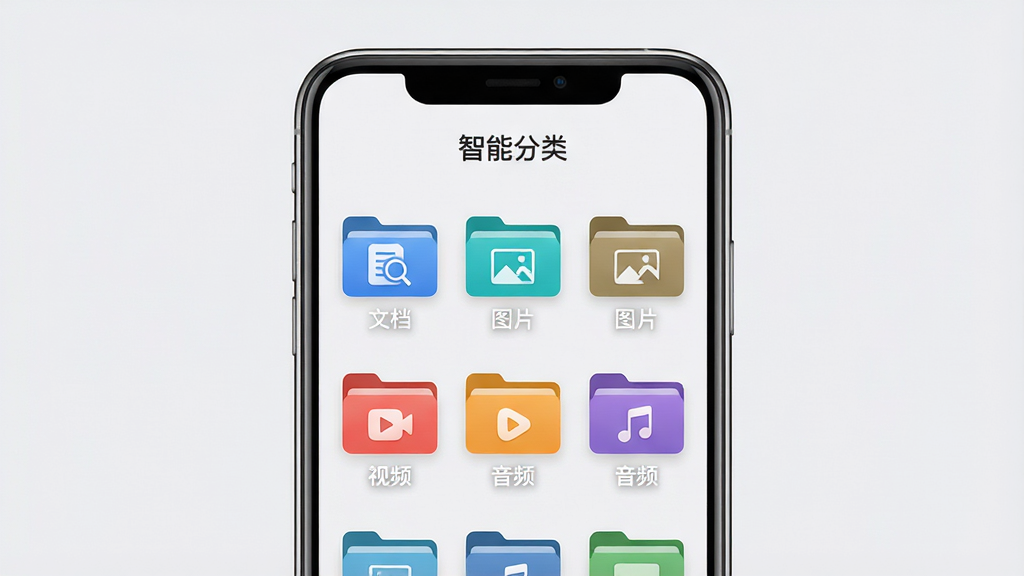 ���壺�����ļ�վӦ�ý���չʾ���ܷ��๦�ܣ���Ļ����ʾ����ļ���ͼ�꣬ÿ���ļ����ϱ�ע���ĵ�������ͼƬ��������Ƶ��������Ƶ���ȱ�ǩ�����֣��ֻ���Ļռ�ݻ������룬�������ף��Ϸ��С����ܷ��ࡱ���������Ű棺�ļ���ͼ��������״���У���ɫ���죬ͼ���·��а�ɫ����˵������񣺸ɾ���ˬ��UI��ƣ�����Ϊǳ��ɫ��ͻ���ļ�ͼ�ꡣϸ�ڣ��ĵ��ļ�������һ���Ŵ�ͼ�꣬��Ƶ�ļ�������һ�����Ű�ťͼ�꣬�����Ӿ�����ֱ�ۡ����ʣ��߷ֱ��ʣ��޶���Ԫ�ء�