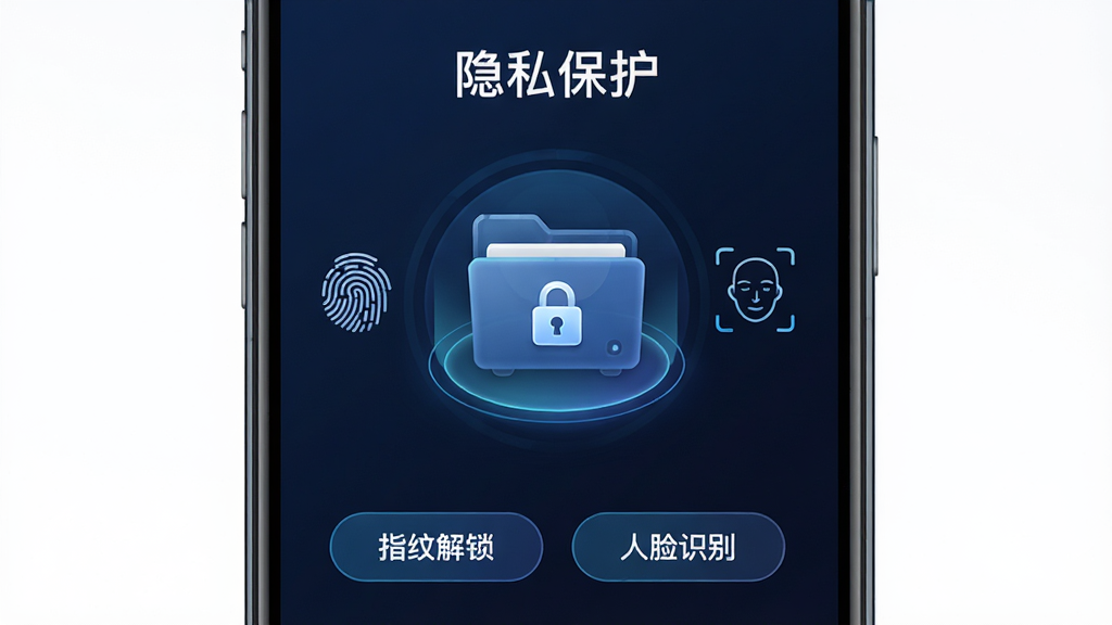 ���壺�����ļ�վ����˽��������棬��Ļ����ʾһ���������ļ���ͼ�꣬��Χ��ָ�ƺ�����ʶ���ͼ�ꡣ���֣��ֻ���Ļ���У�����Ϊ����ɫ��ͻ����ȫ��Χ���Ű棺������ͼ��λ����Ļ���룬�Ϸ��С���˽���������⣬�·��С�ָ�ƽ�������������ʶ��������ť����񣺿Ƽ�����ƣ�ɫ��ƫ����ǿ����ȫ�ԡ�ϸ�ڣ�������ͼ����Χ�й���Ч����ָ��ͼ������һ��ָ����·������ʶ��ͼ������һ���������������ʣ����壬�ɾ��޶���Ԫ�ء�
