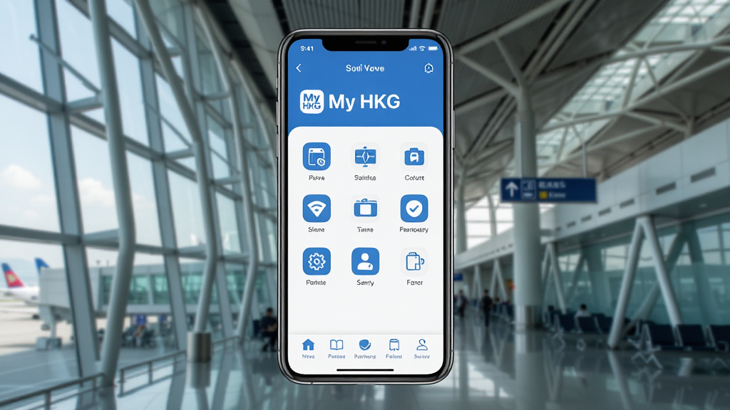 一张现代简约风格的手机应用界面预览图,画面中央展示My HKG应用主屏幕,背景为香港国际机场航站楼内部,玻璃幕墙与钢铁结构清晰可见,界面图标排列整齐,色彩以蓝白为主,整体布局干净清爽,突出机场服务主题,高清画质,无多余元素