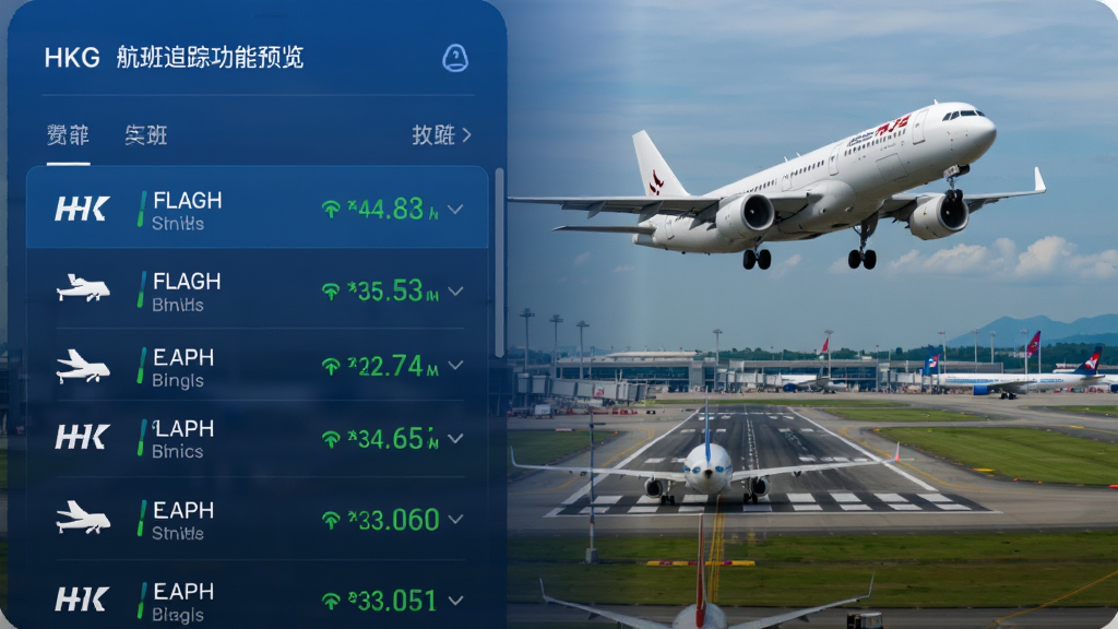 My HKG应用航班追踪功能预览图,界面显示航班列表与实时状态图标,背景为机场跑道与飞机起降的实景照片,整体以蓝色科技感风格为主,信息排布清晰,字体大小适中,画质高清,无多余元素