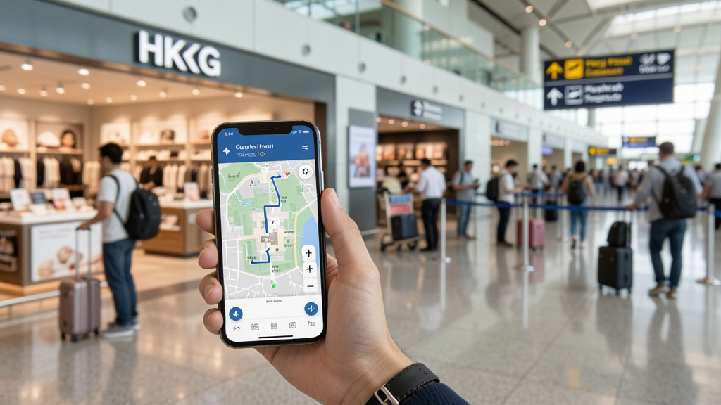 My HKG应用使用场景图,一位旅客手持手机在机场大厅内使用导航功能,屏幕上显示地图与路线,背景为机场店铺与人群,画面自然明亮,风格真实,突出应用实用性,画质干净,无多余元素