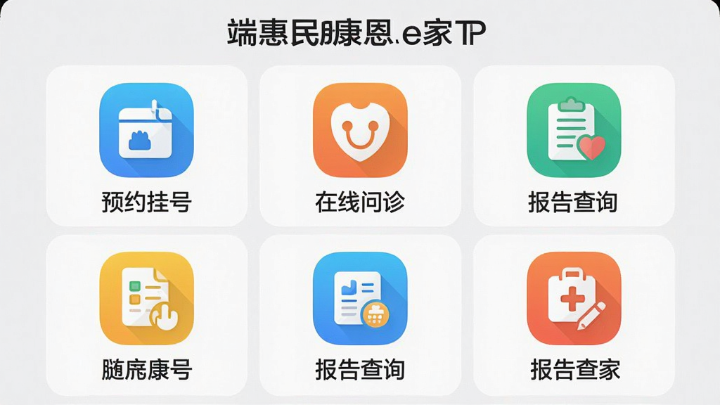 �ֻ��˻��񿵶�e��APP�ķ���������棬�ԾŹ���ͼ�겼��չʾԤԼ�Һš�������������ѯ�ȹ��ܣ�����Ϊ������UI�����ͼ����Ű����룬ͼ��ɫ������������Ϊ����ɫ�����дʵ��ϸ�ڰ���ÿ��ͼ������ֱ�ע�����������ɾ����޶���Ԫ��