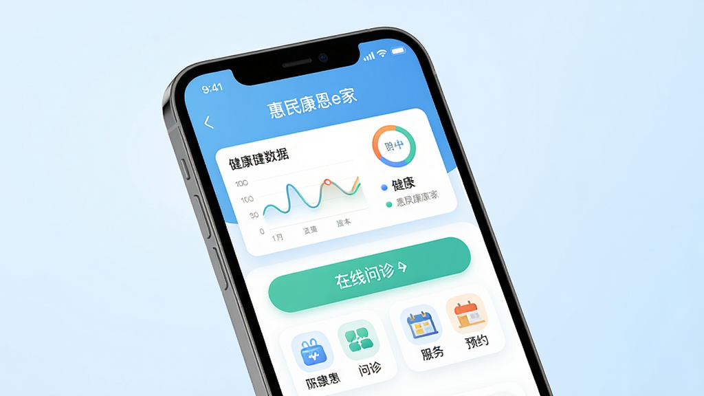 ����Ϊ�����ֻ���Ļչʾ���񿵶�e��APP�����棬���������������ͼ�����������ﰴť������ԤԼ��ڣ����ֲ��þ��й�ͼ���ֻ���΢��б������Ϊ�ɾ���ǳ��ɫ���䣻�Ű�������ͼ��Բ�����ֱ�ǩ��ʾ�����񿵶�e�ҡ�����������ִ���Լ��ϸ�ڷḻ�����ʸ��壬�ɾ��޶���Ԫ��