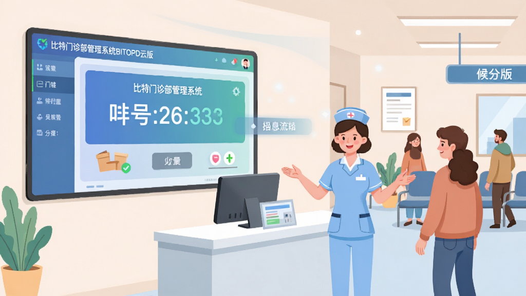 主体:比特门诊部管理系统BITOPD云版挂号分诊界面,显示排队叫号大屏与分诊台;布局:左侧为系统界面,右侧为候诊区患者与护士,形成互动;排版:界面与实景结合,突出信息流转;风格:现代扁平插画风格,色彩柔和;细节:屏幕上显示“比特门诊部管理系统”与排队号码,护士正在引导患者;画质:高清晰度,干净整洁。