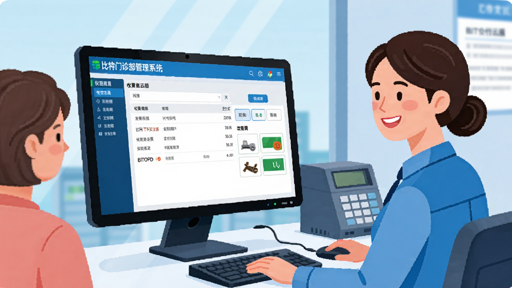 主体:收费员正在使用比特门诊部管理系统BITOPD云版进行收费结算,屏幕显示收费金额与支付方式;布局:收费窗口场景,屏幕与收费员、患者互动;排版:焦点在屏幕上的系统界面;风格:现代商业插画风格,色彩明快;细节:屏幕显示“比特门诊部管理系统”与收费明细,收费员微笑服务;画质:高清,干净整洁。