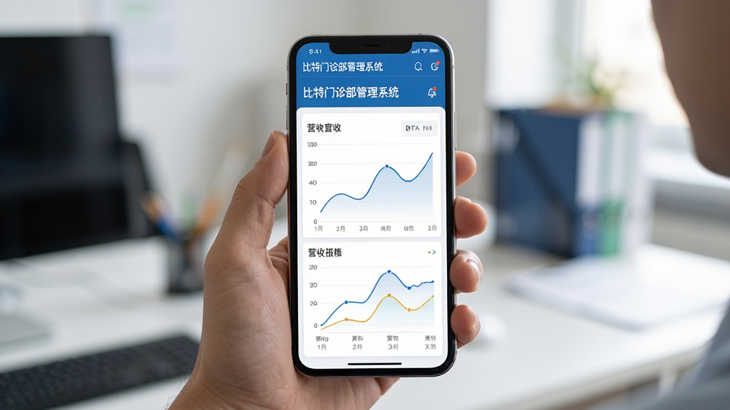主体:工作人员正在使用手机端比特门诊部管理系统BITOPD云版查看经营报表,屏幕显示图表与数据;布局:手机屏幕特写,背景为办公室环境;排版:手机居中,屏幕内容清晰;风格:写实摄影风格,自然光;细节:屏幕显示“比特门诊部管理系统”与营收曲线,手部持握手机;画质:高清晰度,干净无多余元素。