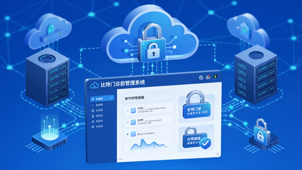 主体:比特门诊部管理系统BITOPD云版云端数据安全示意图,显示云服务器与数据加密锁图标;布局:背景为云计算网络,前景为系统界面与数据流动;排版:抽象与具象结合,突出安全概念;风格:科技感蓝色调插画;细节:界面显示“比特门诊部管理系统”与数据备份状态;画质:高清,无多余元素。