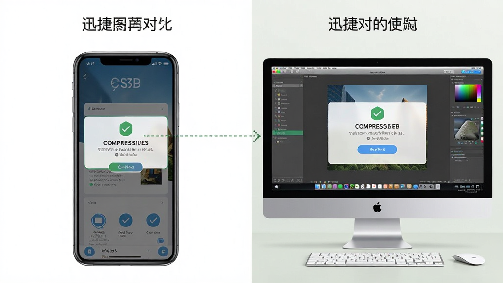 一张展示迅捷图片压缩软件在手机和电脑上使用的对比图,左侧是手机界面,右侧是电脑界面,两者都显示压缩成功的提示,画质清晰,布局合理,干净无多余元素