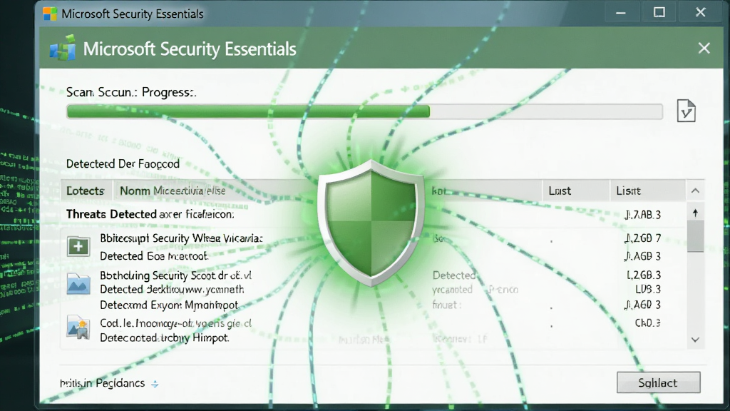 һ����̬�ĵ�����Ļ��ͼ��Microsoft Security Essentials���ں�̨ʵʱɨ���ļ���������ʾɨ����������Ѽ�⵽����в�б�����ɫ��ɫ��������ͼ����˸����Χ���������������������������ɾ��޶���Ԫ��