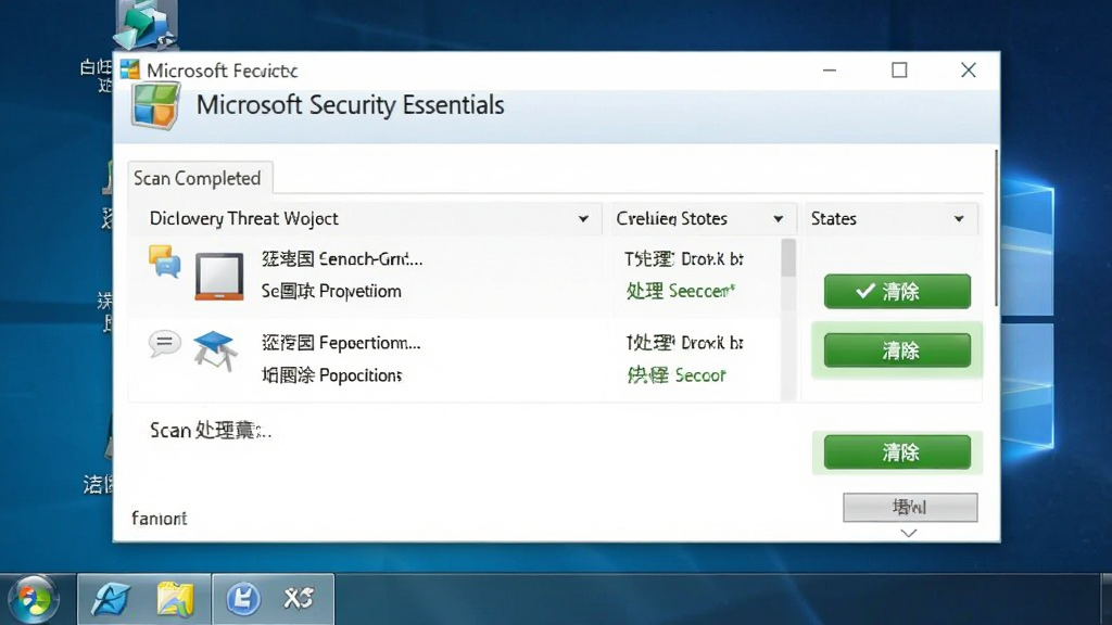 һ�����԰�ȫ����ɨ�����Ľ���ͼ��Microsoft Security Essentials��ʾɨ����ɣ��г����ֵ���в��Ŀ������״̬����ɫ�ġ��������ť����������Ϊ�������棬���ʸɾ����޶���Ԫ��