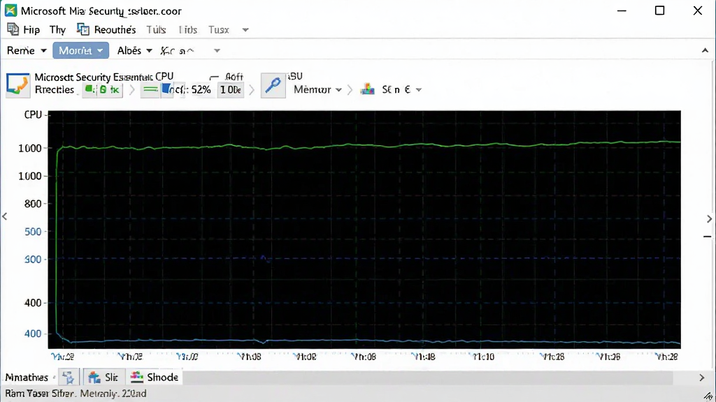 һ���������ܼ������Ľ�ͼ����ʾMicrosoft Security Essentials����ʱCPU���ڴ�ռ���ʺܵ͵�ͼ��������ƽ�ȣ�������������������ڣ���ɫ����ɫ�����ߣ������������޶���Ԫ��