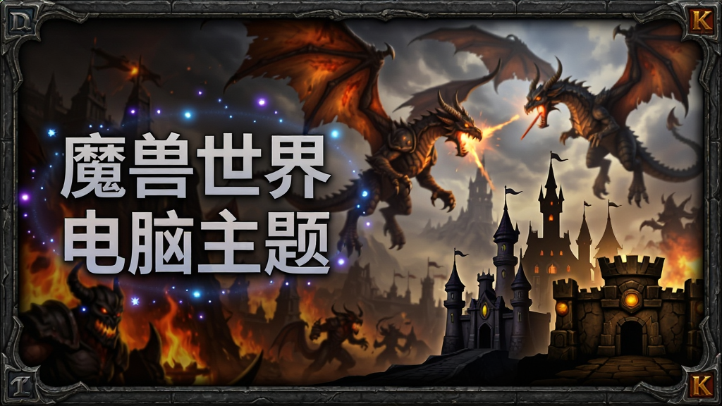 一张宽屏电脑桌面预览图,主体为魔兽世界经典登录界面风格,左侧悬浮着半透明的“魔兽世界电脑主题”艺术字标题,右侧展示暴风城与奥格瑞玛的标志性建筑剪影,背景是燃烧的军团与守护巨龙交战的宏大场景。布局采用左右分区,排版整洁,风格为暗黑奇幻写实,细节包括金属质感的边框和魔法粒子光效,画质为8K超清,干净无多余元素。