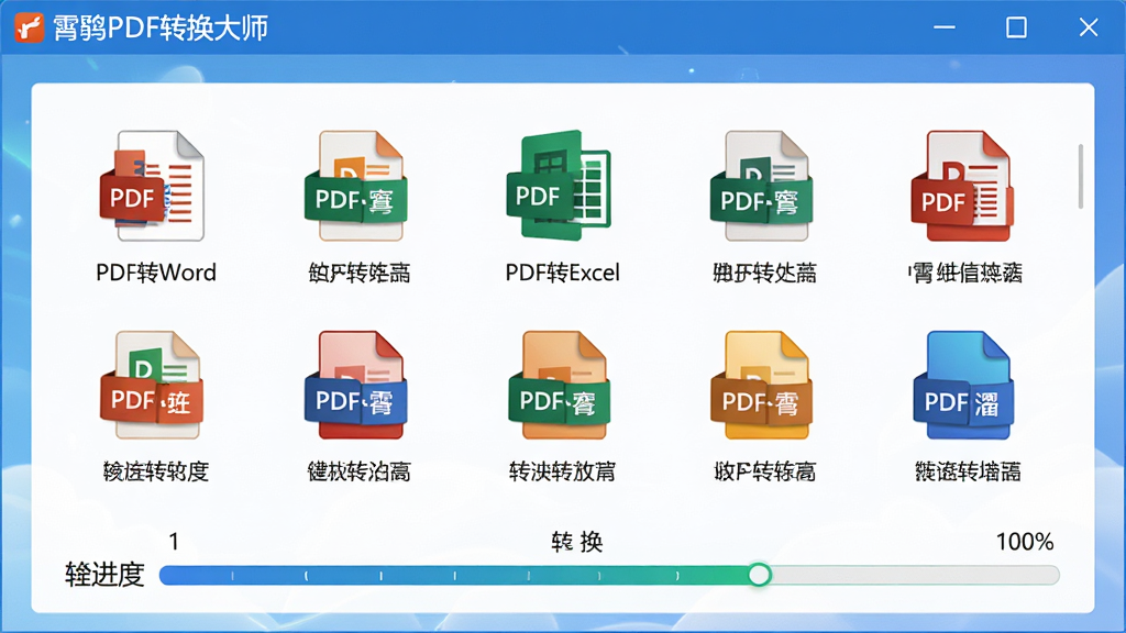主体:霄鹞PDF转换大师的格式转换功能界面,展示多种格式图标和转换进度条;布局:中央为格式选择区域,下方为转换进度条;排版:图标排列整齐,进度条清晰;风格:清新明亮,功能图标色彩鲜明;细节:界面显示“PDF转Word”、“PDF转Excel”等字样,软件名称“霄鹞PDF转换大师”置于顶部;画质:高清,干净无多余元素。