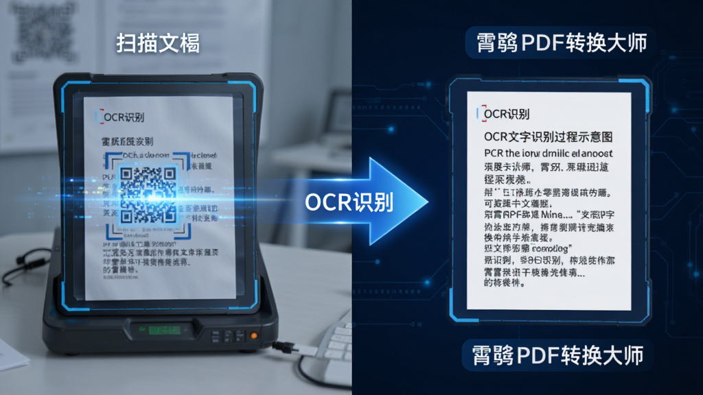 主体:OCR文字识别过程示意图,左边为扫描的纸质文档,右边为识别出的可编辑文字;布局:左右对比展示,中间有箭头指示;排版:简洁明了,突出识别效果;风格:科技感,蓝色调为主;细节:图片中标注“OCR识别”、“霄鹞PDF转换大师”字样;画质:高清,细节丰富,干净无多余元素。