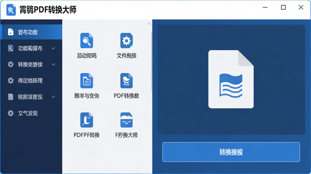 主体:霄鹞PDF转换大师软件主界面,展示功能列表和转换操作面板;布局:左侧为功能导航栏,右侧为文件拖拽区域和转换按钮;排版:采用现代扁平化设计,功能图标排列整齐,配色以蓝色和白色为主;风格:商务简洁,突出专业感;细节:界面中的文字清晰可见,突出“霄鹞PDF转换大师”品牌名称;画质:高清渲染,干净无多余元素。