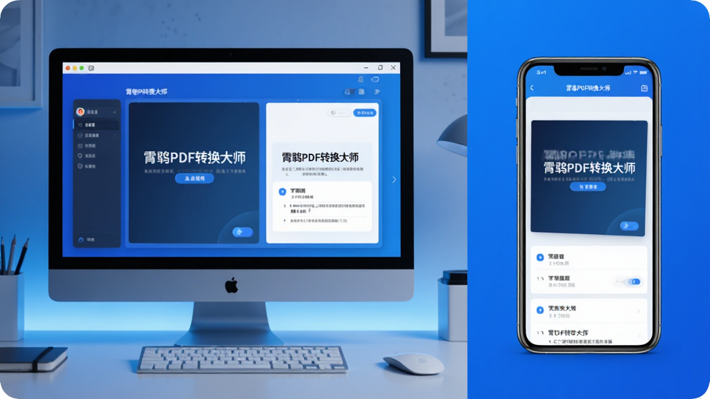 主体:霄鹞PDF转换大师在电脑和手机上的使用场景,电脑屏幕显示转换界面,手机屏幕显示移动端界面;布局:左右分屏,电脑在左,手机在右;排版:清晰展示两种设备的使用方式;风格:现代科技感,蓝色调;细节:电脑和手机屏幕上均显示“霄鹞PDF转换大师”界面;画质:高清,干净无多余元素。