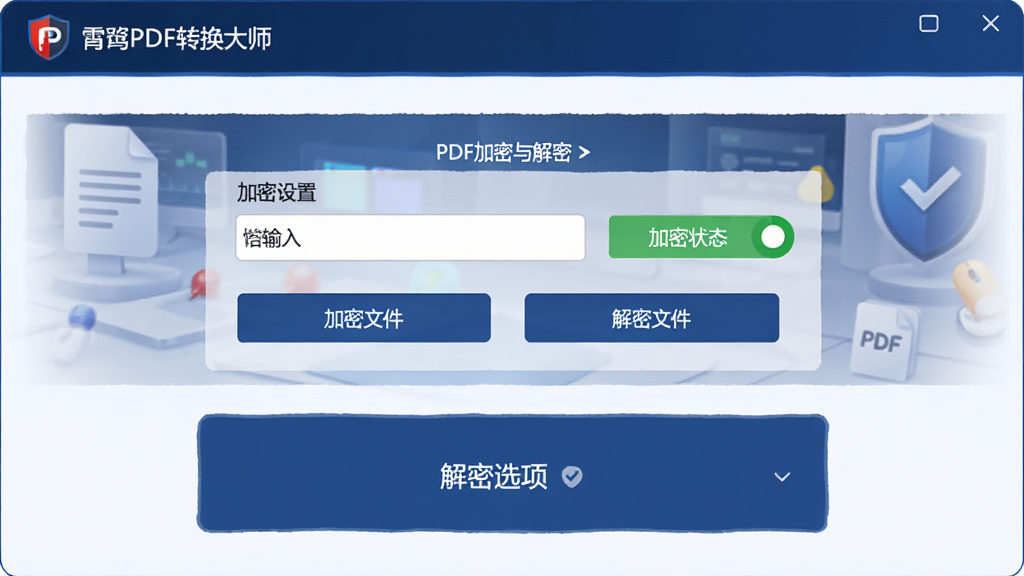 主体:PDF加密与解密功能界面,展示密码输入框和加密状态;布局:中央为加密设置区域,下方为解密选项;排版:简洁大方,功能区域划分清晰;风格:安全稳重,深蓝色调;细节:界面包含“加密文件”、“解密文件”按钮,并标注“霄鹞PDF转换大师”logo;画质:高清,干净无多余元素。