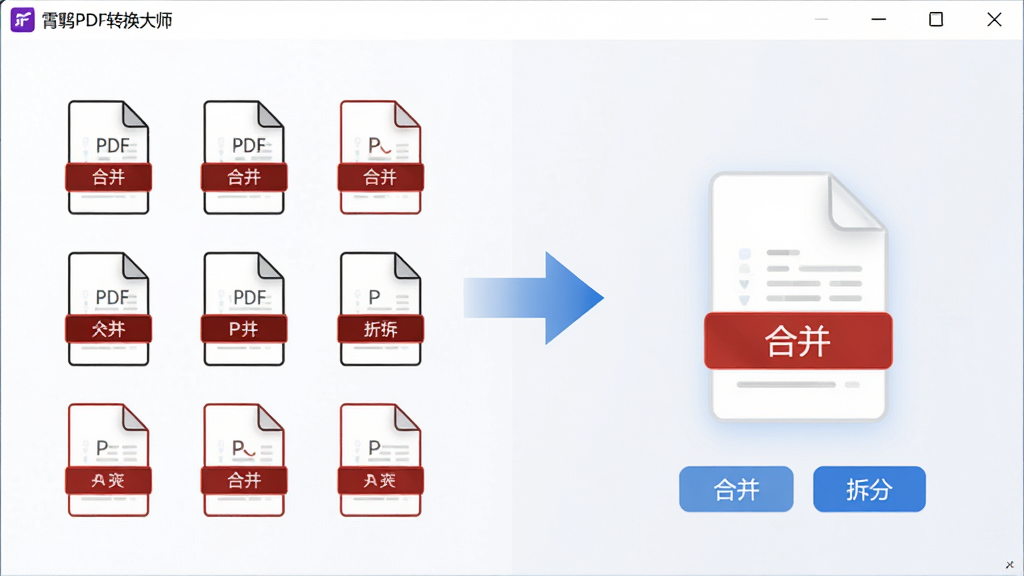 主体:PDF合并与拆分功能演示,左侧为多个PDF文件图标,右侧为合并后的单个文件;布局:左右结构,中间用箭头连接;排版:文件图标排列有序,箭头指示明确;风格:简约商务;细节:图片中显示“合并”、“拆分”按钮,软件名称“霄鹞PDF转换大师”出现在界面标题栏;画质:高清,干净无多余元素。
