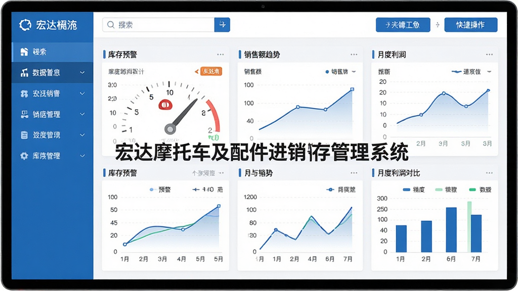 主体:宏达摩托车及配件进销存管理系统主界面,展示仪表盘风格的数据看板;布局:左侧功能导航栏,右侧数据图表区,上方搜索与快捷操作按钮;排版:简洁明快,信息层级分明;风格:现代商务蓝白配色,扁平化设计;细节:图表显示库存预警、销售额趋势、月度利润对比等模块,屏幕中央显示“宏达摩托车及配件进销存管理系统”字样;画质:高清渲染,干净,无多余元素。