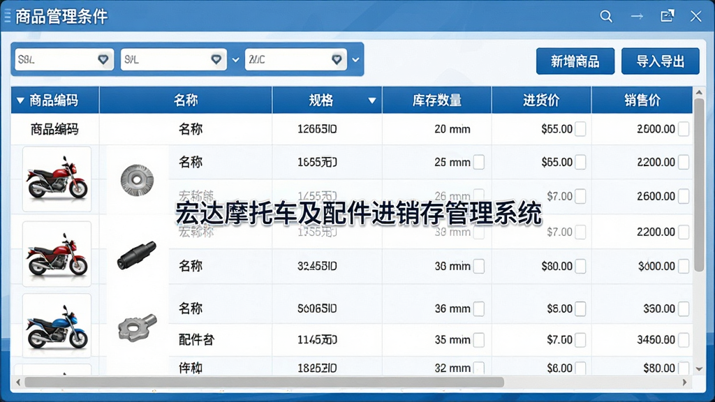 主体:宏达摩托车及配件进销存管理系统的商品管理界面,展示摩托车整车与配件列表;布局:表格形式展示商品编码、名称、规格、库存数量、进货价、销售价,顶部筛选条件栏;排版:数据行清晰,滚动条明显;风格:蓝白配色,专业商务风;细节:表格上方有“新增商品”、“导入导出”按钮,商品缩略图显示摩托车与零件图标,界面中央有“宏达摩托车及配件进销存管理系统”标识;画质:高清,干净,无多余元素。